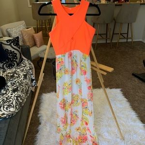 Neon pink and pastel floral maxi dress